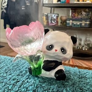 Panda with Pink Flower Glass Figurine - comes with rose quartz to add to tulip
